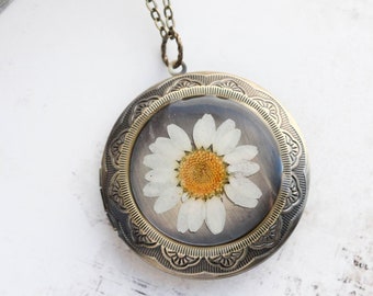 Floral Locket Necklace, Real Dried Flower, Pressed Daisy, Large Round Pendant, Pressed Flower, Resin Jewelry, Gift for Women, Dried Plant