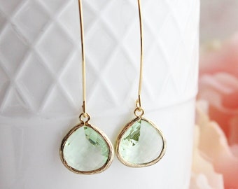 Spring Green Glass Earrings Crysolite Green Glass Gold Drop Earrings Long Dangle Modern Minimalist Bridesmaid Gift Simple Design