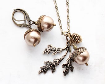 Acorn Necklace and Earrings, Copper Pearl Pendant, Branch Necklace, Rustic Wedding Nature Jewelry Woodland Pinecone Charms Fall Jewelry Set