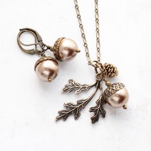 Acorn Necklace and Earrings, Copper Pearl Pendant, Branch Necklace, Rustic Wedding Nature Jewelry Woodland Pinecone Charms Fall Jewelry Set