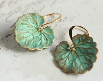 Green Leaf Earrings, Verdigris Patina Leaves, Teal Dangle, Geramium Leaf, Unique Jewellery, Vintage Nature Inspired Faerie Fairie