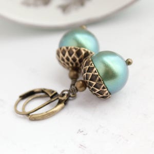 Teal Pearl Acorn Earrings Fall Colors Pearl Drop Autumn Oak Jewelry Earrings Leverback Woodland Nature Inspired Wedding Aqua Mint Pearl