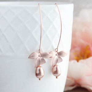 Rose Gold Dangle Earrings, Orchid Earrings, Pearl Drop Earrings, Bridesmaids Gift, Bridal Party Jewelry, Gift for Mom (14 Pearl Colors)