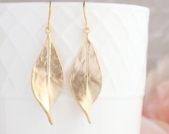 Long Gold Leaf Earrings, Woodland Nature Inspired, Gift For Her, Modern Dangle, Botanical Jewelry