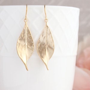 Leaf Earrings, Long Gold Earrings, Woodland Jewellery, Nature Inspired, Fashion Jewelry, Gift For Her, Womens Modern Dangle, Gold Leaves