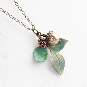 Verdigris Branch Necklace (22 colors) Pearl Acorn Charm Nature Inspired Rose Gold Pinecone Rustic Oak Woodland Wedding Fall Autumn Jewelry