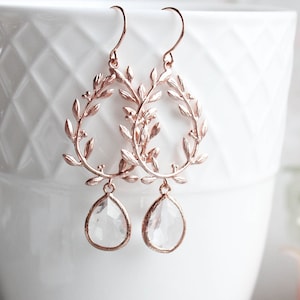 Rose Gold Dangle Earrings, Clear Glass Jewel, Laurel Wreath, Olive Leaves, Leafy Vine Hoops, Bridesmaids Gift, Grecian Branch Dangles