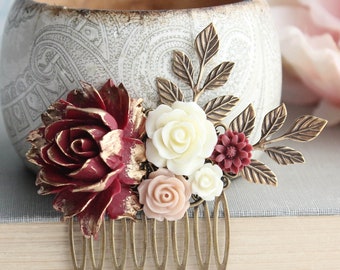 Floral Hair Piece Red and Gold Wedding Bridal Hair Comb Vintage Style Antique Gold Branch Bridesmaids Gift Something Blue Off White Roses