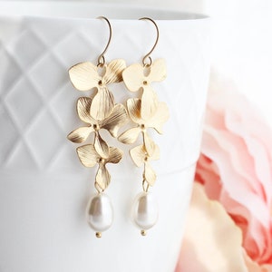 Long Gold Orchid Earrings, Bridal Jewelry, Floral Earrings Gold and Pearl Dangles Cascading Flowers Nickel Free Gift For Her, Women, Mom