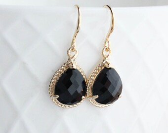 Black Glass Earrings, Modern Drop Earrings, Small Teardrop, Black Jewelry, Gold and Black Earrings, Everyday Earrings, Gift for Her, Women