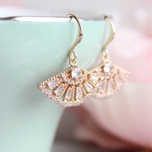 Art Deco Fan Earrings, Crystal Fan Earrings, Sparkling Clear Glass Jewel Earrings, Gold Zirconica Drop, Vintage Style Gift for Her, Women