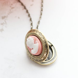 Pink Locket Necklace, Photo Locket, Cameo necklace, Vintage Style, Antiqued Gold Brass, Picture Locket, Lady Face Cameo, Long Chain Layering