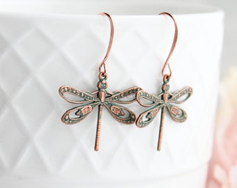 Dragonfly Earrings Mint Patina Copper Earrings Small Insect Earring Nature Creatures Woodland Jewelry Nickel Free Small Winged Things