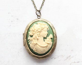 Large Locket Necklace, Photo Locket, Big Cameo Pendant, Cream Lady on Green, Antiqued Gold Brass, Sentimental Romantic Gift for Women