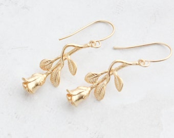 Gold Rose Earrings, Pretty Small Flower Earrings, Long Stem Rose, Unique Jewelry, Gift for Her, Wife, Friend, Mother's Day Gift, Nickel Free