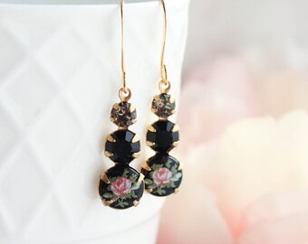 Pink Rose Earrings, Black Glass Drop, Vintage Style Rose Cameo, Gold Brass, Nickel Free, Small Dangle Romantic Jewelry