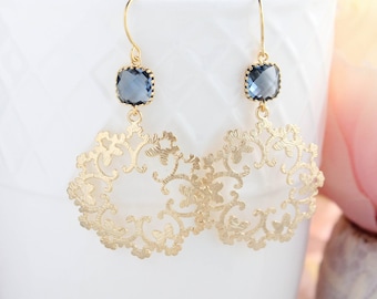 Navy Blue Dangle Earrings Gold Earrings Bridesmaid Jewelry Something Blue, Boho Gypsy, Wedding Earrings, Lace Circle Filigree, Modern