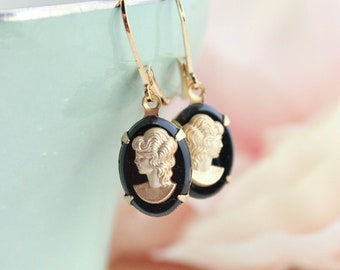 Black and Gold Cameo Earrings, Small Lever Back Drop Earrings, Vintage Woman Face Silhouette Cameo, Victorian Romantic, Gift For Her, Mom