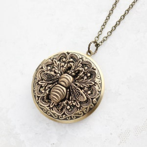 Honey Bee Necklace, Large Round Picture Locket Keepsake Vintage Style Victorian Lace Filigree Bumblebee Round Brass Big Chunky Pendant