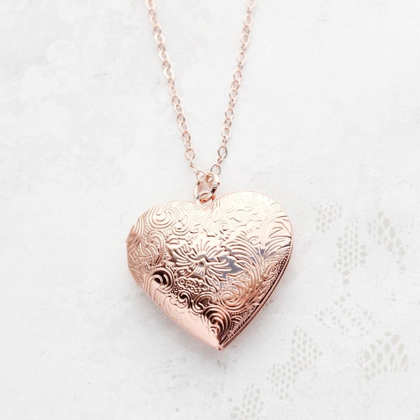 Rose Gold Locket Necklace, Heart Locket, Photo Locket Pendant, Etched Floral Pattern, Picture Locket, Layering Necklace, Gift for Her