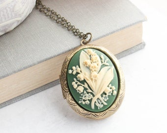 Lily of the Valley Photo Locket Necklace, Green and Cream Ivory, Big Floral Pendant, Long Chain, Antiqued Gold Brass