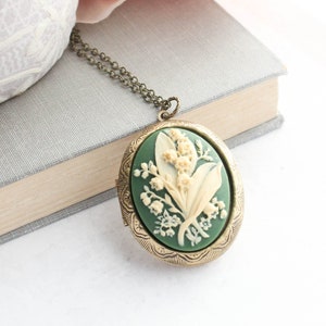 Lily of the Valley Photo Locket Necklace, Green Floral Cameo Pendant, Gift For Mom, Gift For Her Vintage Style Easter Jewelry Picture Locket