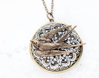 Bird Locket Pendant Large Round Brass Photo Locket Layering Necklace Vintage Style Antiqued Silver Filigree Flying Swallow Animals