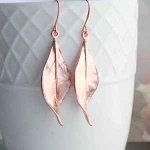 Long Rose Gold Leaf Earrings Woodland Jewellery Nature Inspired Modern Leaves Dangle Womens Jewelry Gift For Her Under 30, Gift For Mom