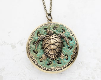 Turtle Locket Necklace Large Round Picture Locket Pendant Keepsake Vintage Style Verdigris Patina Animal Unique Statement Jewelry