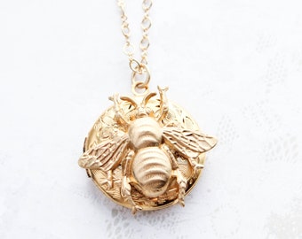 Bee Locket Necklace, Gold Locket, Round Locket Pendant, Unique Photo Locket, Long Chain, Honey Bee Necklace, Keepsake Gift for Mom
