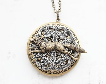 Fox Locket Necklace Animal Necklace Unique Photo Locket Mixed Metal Jewelry Large Round Pendant Vintage Style Antiqued Silver Filigree