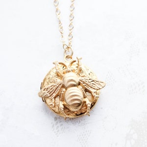 Bee Locket Necklace, Gold Locket, Round Locket Pendant, Unique Photo Locket, Long Chain, Honey Bee Necklace, Keepsake Gift for Mom