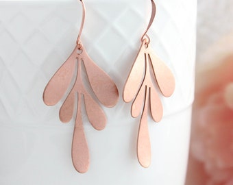 Modern Leaf Earrings, Rose Copper Leaf Frond Dangle, Unique Jewellery, Boho Chic, Nature Inspired, Long Earrings, Unique Earrings