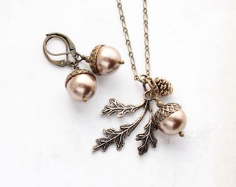 Acorn Necklace and Earrings, Copper Pearl Pendant, Branch Necklace, Rustic Wedding Nature Jewelry Woodland Pinecone Charms Fall Jewelry Set