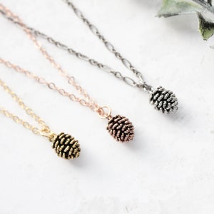 Pine Cone Necklace (Three Colors) Tiny Pinecone Pendant, Rustic Nature Jewelry, Rose Gold Pinecone, Layering Necklace, Dainty Necklace
