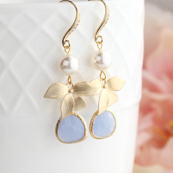 Periwinkle Blue Earrings (12 Colors) Matte Gold Flower Drop Something Blue Glass Jewel Pastel Floral Dangle Pearl Drop, Unique Earrings