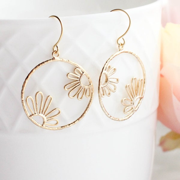 Gold Floral Earrings, Filigree Earrings, Gold Daisy Hoops, Modern Dangle, Boho Chic, Unique Jewelry, Gift for Her, Lightweight, Nickel Free