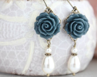 Blue Rose Earring, Navy Blue Earrings, Flower Earrings Pearl Drop, Floral Dangle, Leverback, Nickel Free, Vintage Style, Romantic Jewelry