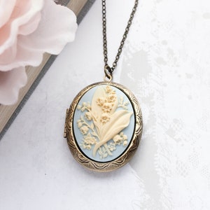Big Cameo Necklace, Lily of the Valley, Photo Locket Necklace, Baby Blue and Cream Ivory, Floral Pendant, Long Chain, Antiqued Gold Brass