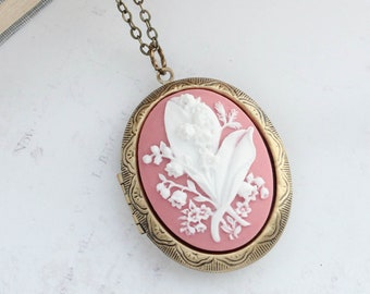 Lily of the Valley Photo Locket Necklace, Pink and White