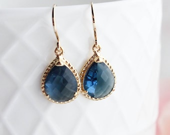 Dark Navy Blue Earrings, Glass Earrings, Sparkling Jewel, Modern Pear Drop Sparkle Gold Teardrop Gift for Women Bridesmaids Something Blue