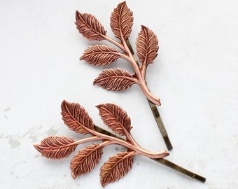 Pink Copper Branch Bobby Pins Leaf Hair Pins Nature Hair Accessories Woodland Wedding Forest Rose Gold Tone Leaves Hair Slides