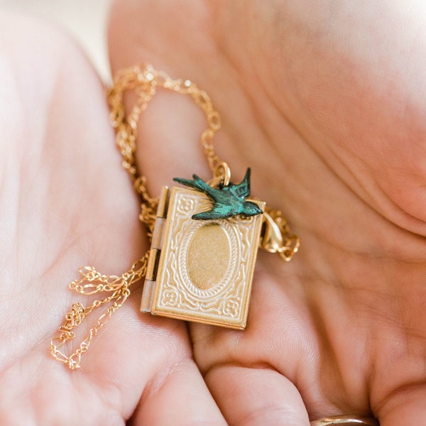 Book Locket Necklace, Bird Charm Locket, Shabby White Patina, Long Gold Chain, Booklovers Gift, Unique Keepsake Romantic Gift For Her, Women