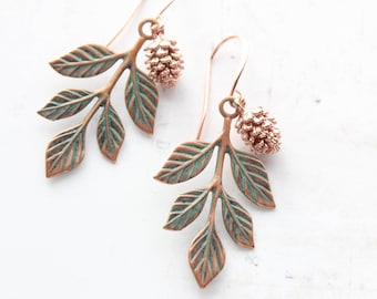 Patina Copper Branch Earrings Rose Gold Pinecone Dangles Woodland Jewelry Nature Inspired Rustic Leaf Autumn Gift for women Her - Blush Mint