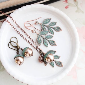 Acorn Charm Necklace, Rose Gold Pine Cone necklace, Pearl Acorn Pendant, Mint Patina Copper Leaf Branch Rustic Woodland Wedding, Unique Gift