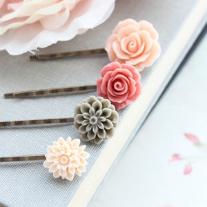 Rose Bobby Pin Rose Peach Rose Terracota Coral Floral Accessories Khaki Chrysanthemum Bobbies Flower for Hair Gift For Her, Daughter, Sister