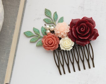 Deep Red Rose Comb, Romantic Vintage Style Hair Piece, Verdigris Patina Branches, Coral Peach Flower, Blush Dahlia, Ivory Cream Pearls