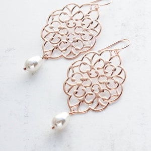 Rose Gold Earrings (14 Pearl Colors) Big Lace Filigree Dangle Pretty Modern Large Gold Chandelier Pearl Drop Bridal Jewelry Bridesmaids Gift