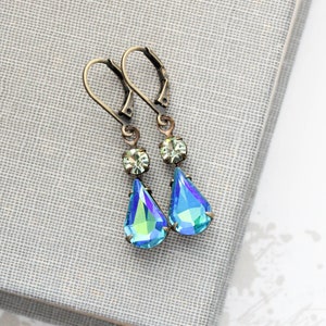 Aurora Borealis Glass Earrings, Aquamarine Rhinestone, Blue Bridal Jewelry, Vintage Glass, Antiqued Brass Leverback Pear Shaped Drops