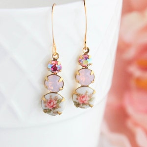 Pink Rose Earrings, Blush Pink, Rose Water Opal, Vintage Style, Rose Cameo, Gold Brass, Nickel Free, Lever back, Small Dangle, Romantic